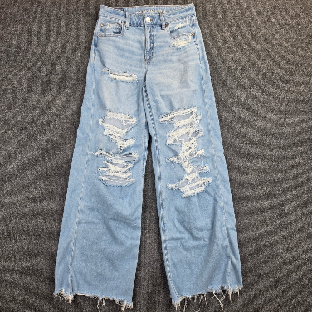 American Eagle Super High Rise Baggy Wide Leg Jeans Women's 2 Light Distressed